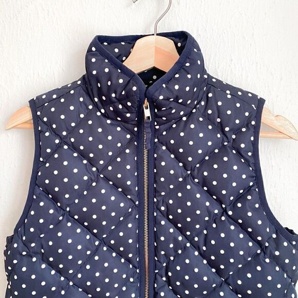 J. Crew Polka Dot Navy White Quilted Puffer Full Zip Down Vest Women’s XS - Picture 2 of 10